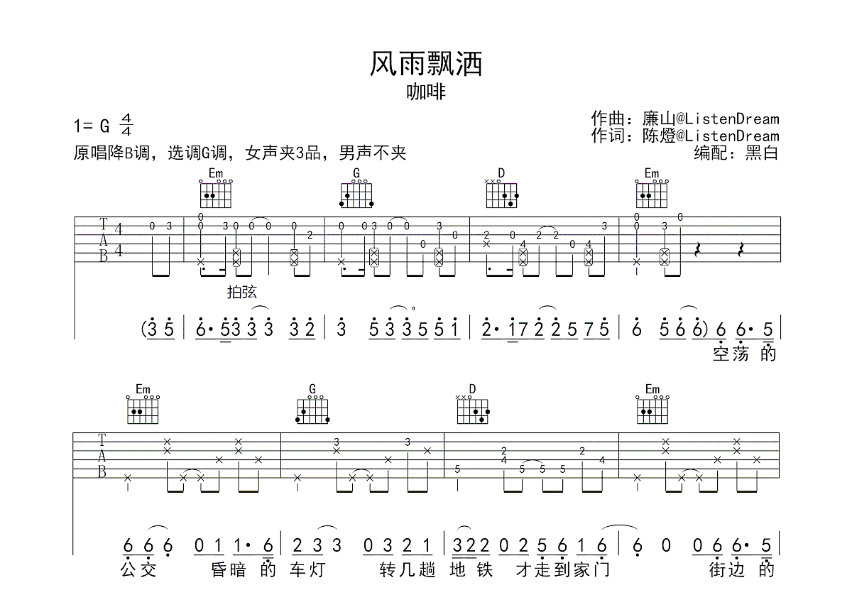 风雨飘洒吉他谱预览图