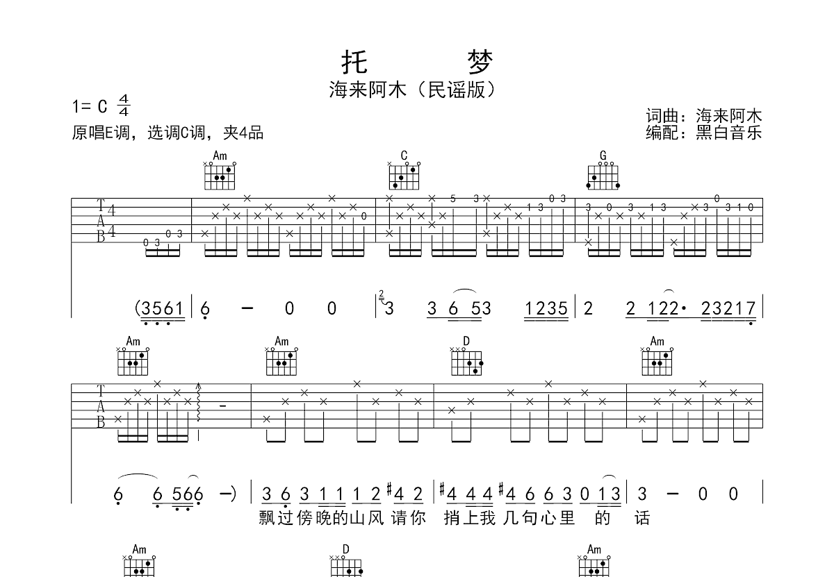 托梦吉他谱_海来阿木_C调弹唱