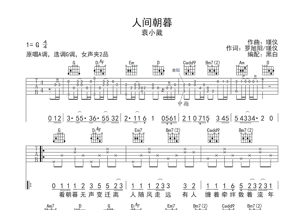 人间朝暮吉他谱预览图