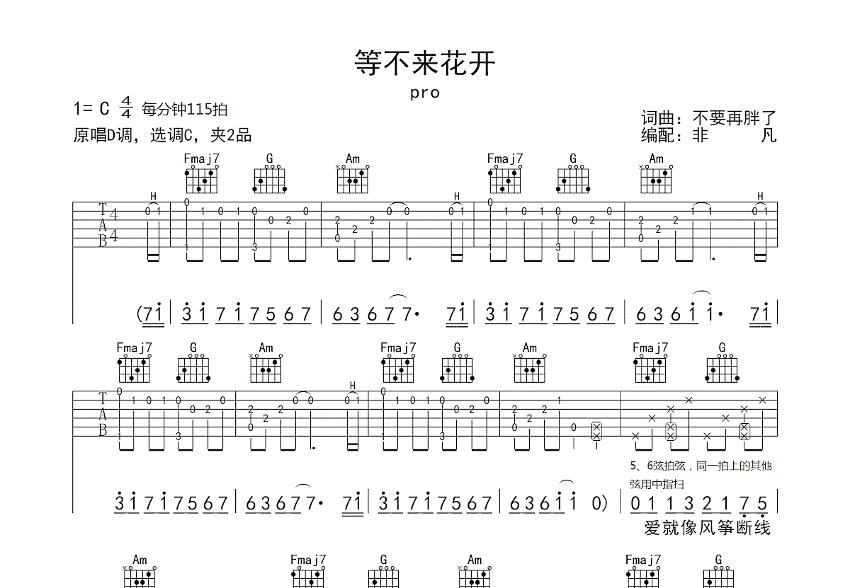 等不来花开吉他谱预览图