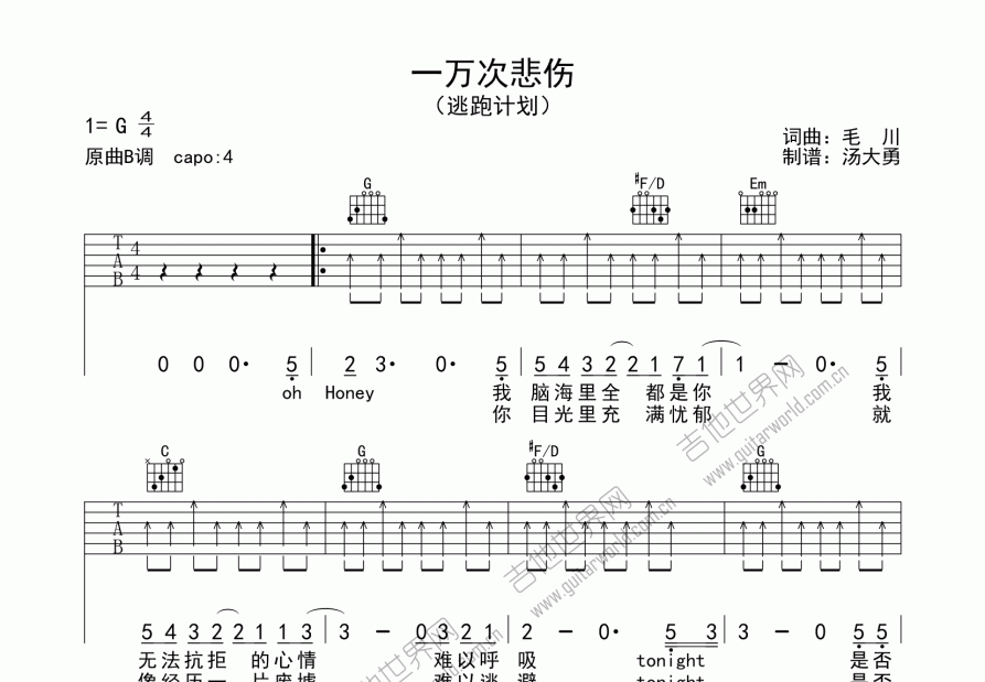 一万次悲伤吉他谱预览图