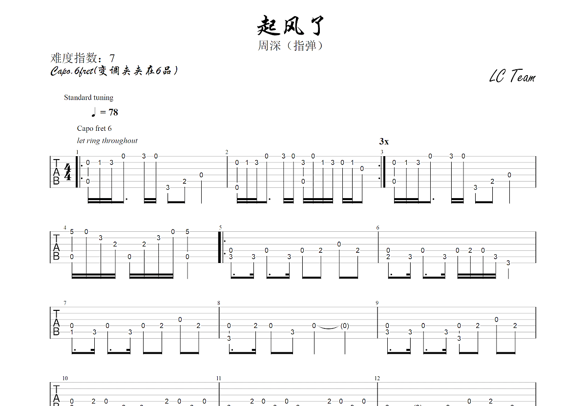 起风了吉他谱预览图