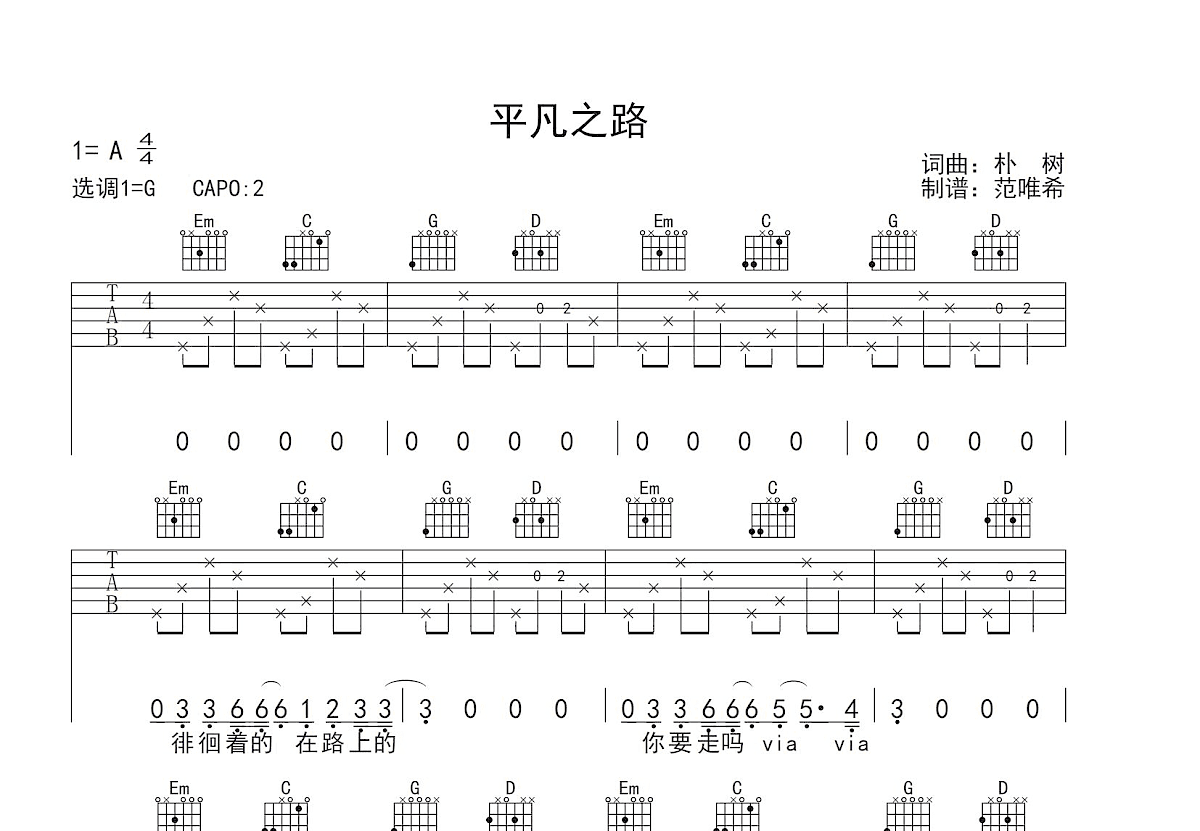 平凡之路吉他谱预览图