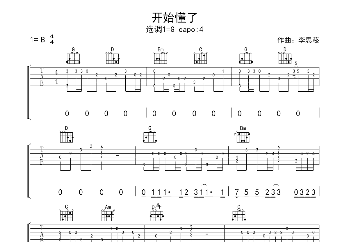 开始懂了吉他谱预览图