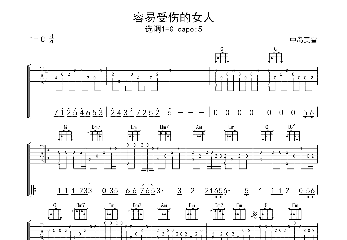 容易受伤的女人吉他谱预览图