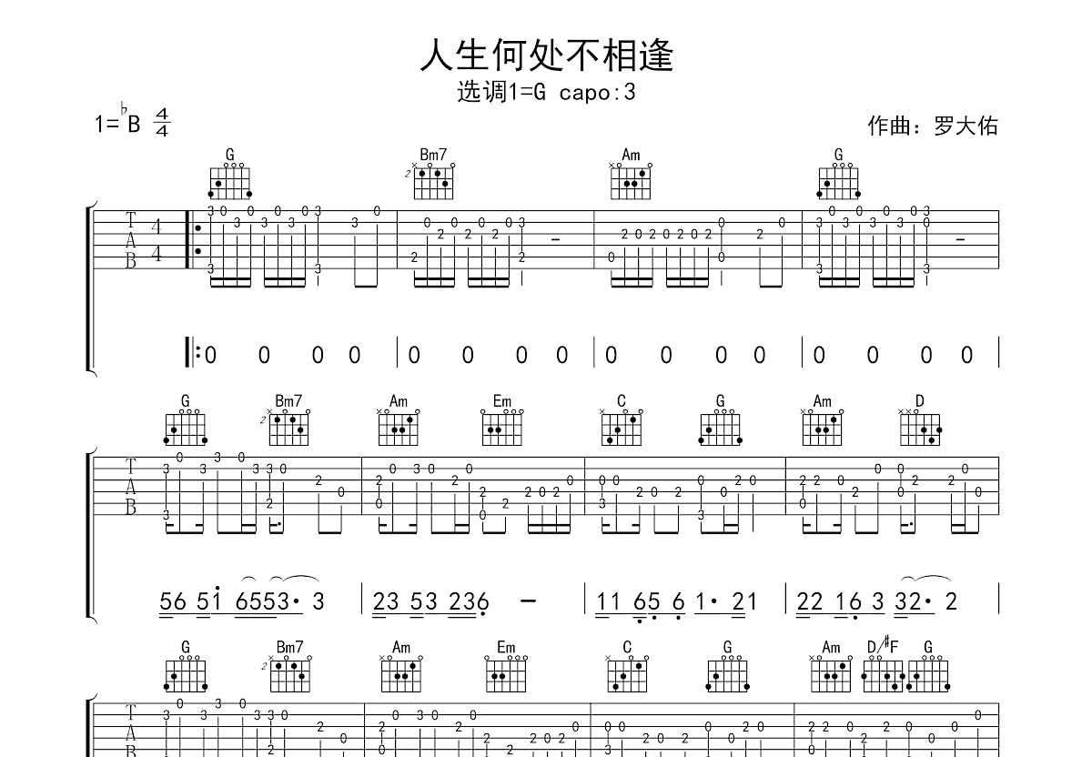 人生何处不相逢吉他谱预览图