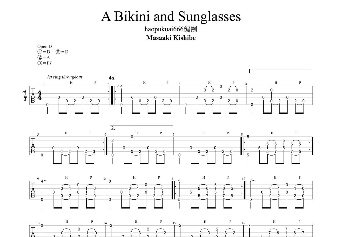 A Bikini and Sunglasses吉他谱_岸部真明_D调指弹