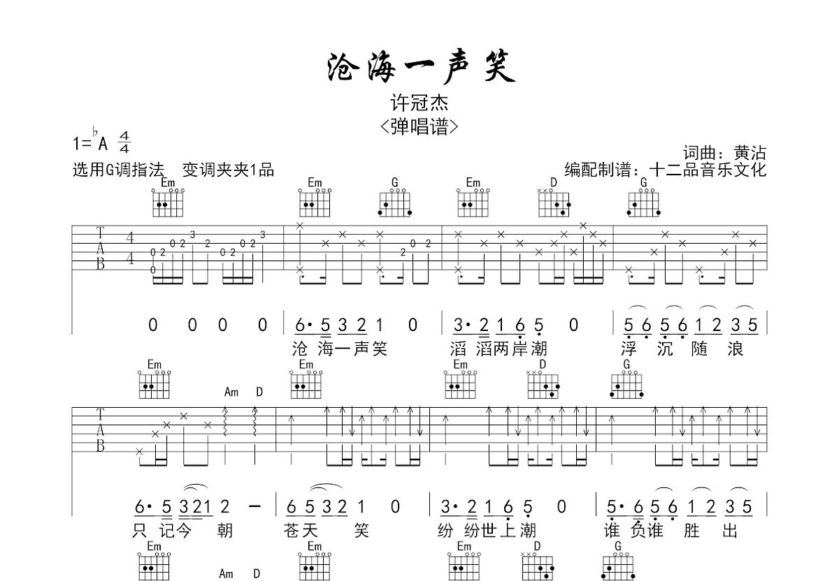 沧海一声笑吉他谱预览图