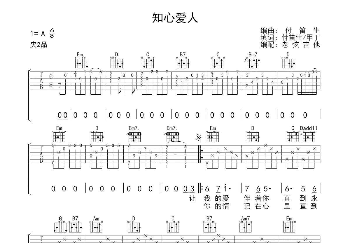 知心爱人吉他谱_任静,付笛生_A调弹唱