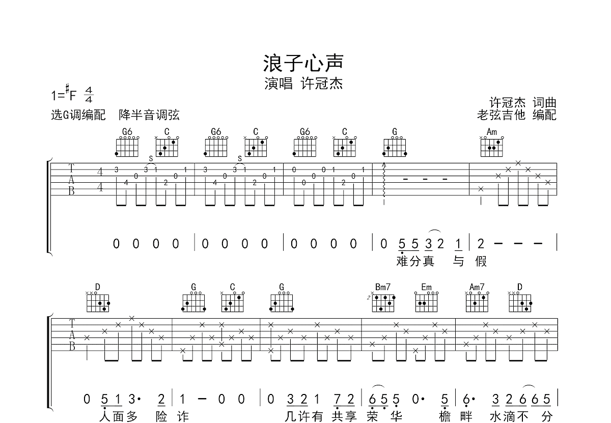 浪子心声吉他谱_许冠杰_G调弹唱