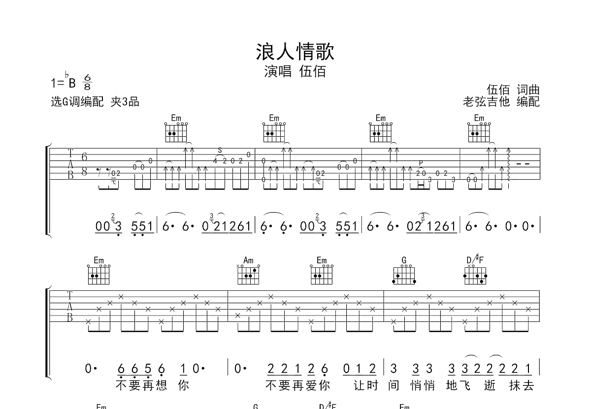 浪人情歌吉他谱_伍佰_G调弹唱