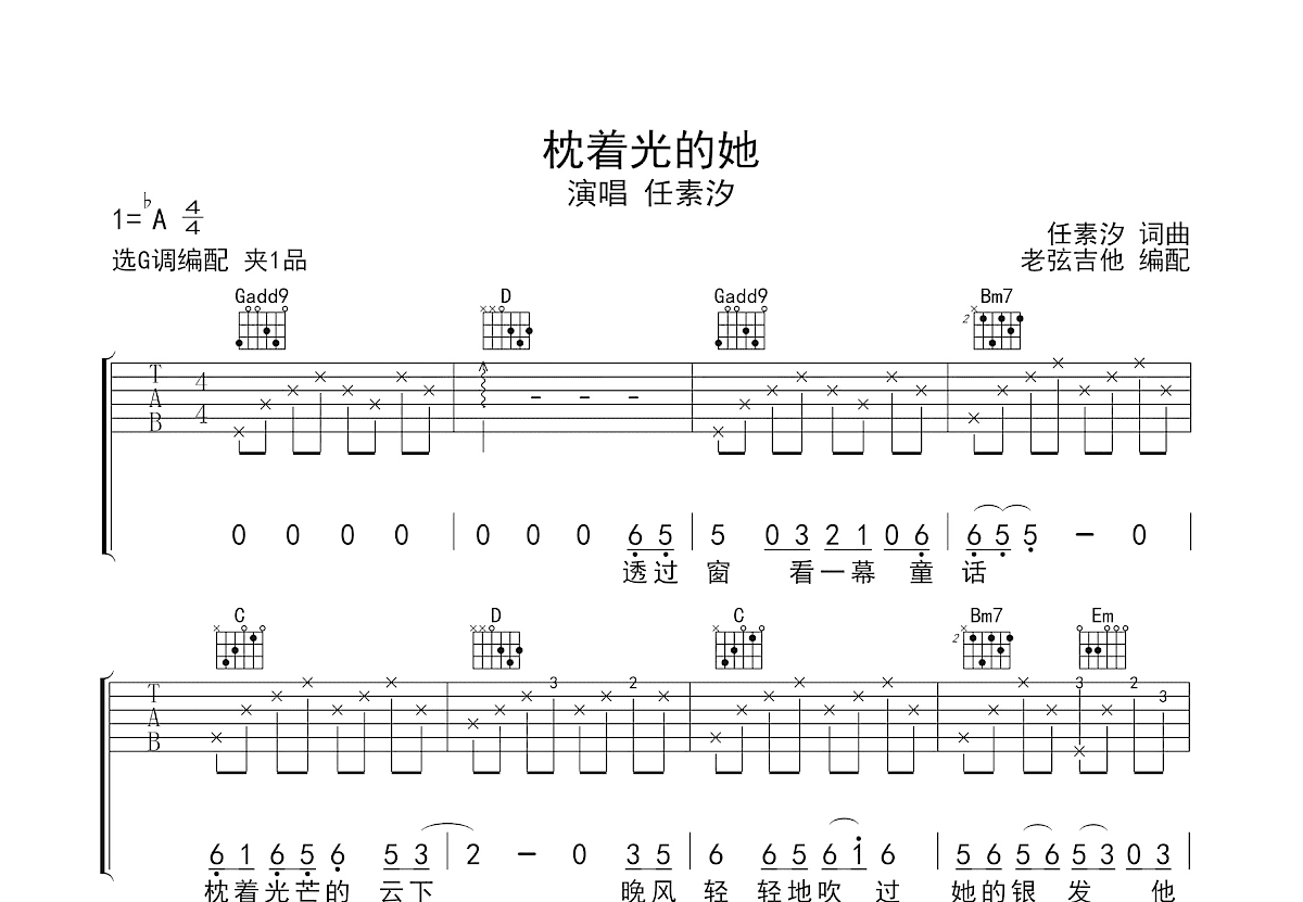 枕着光的她吉他谱预览图