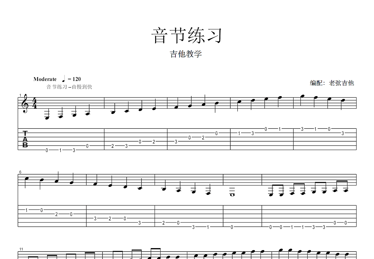 音节练习吉他谱_老弦吉他_C调单旋律