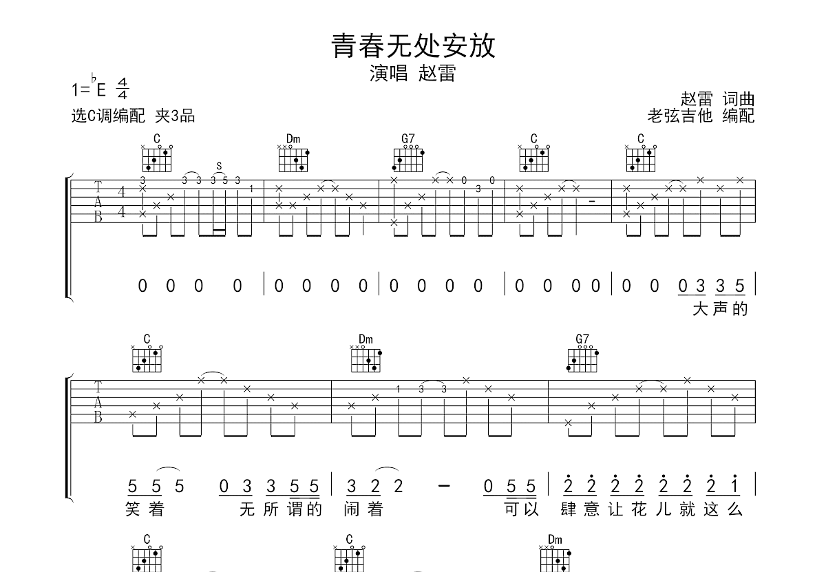 青春无处安放吉他谱_赵雷_C调弹唱