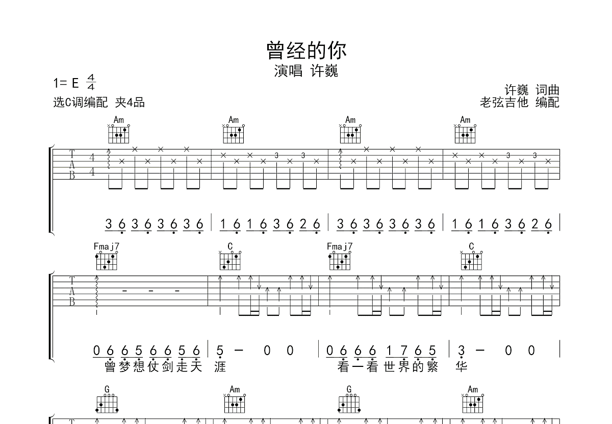 曾经的你吉他谱_许巍_C调弹唱