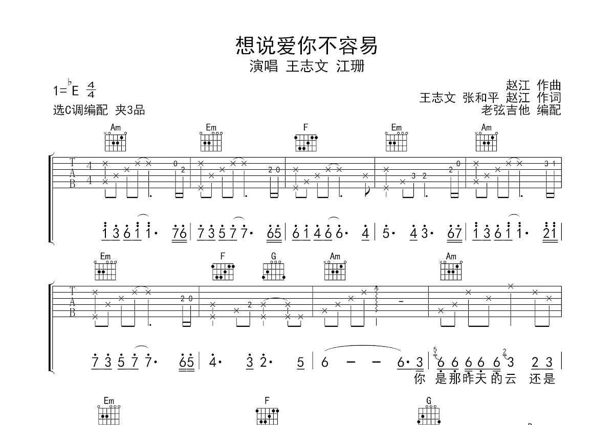 想说爱你不容易吉他谱_王志文,江珊_C调弹唱