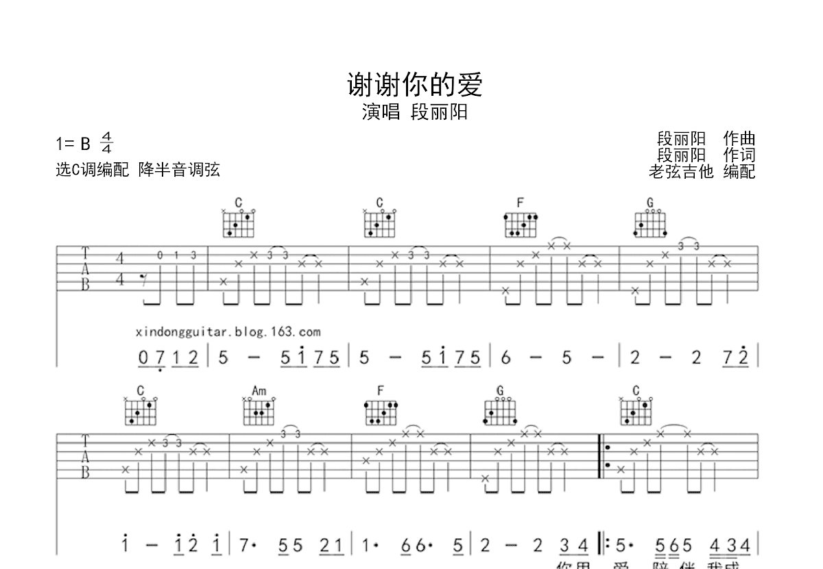 谢谢你的爱吉他谱_段丽阳_C调弹唱
