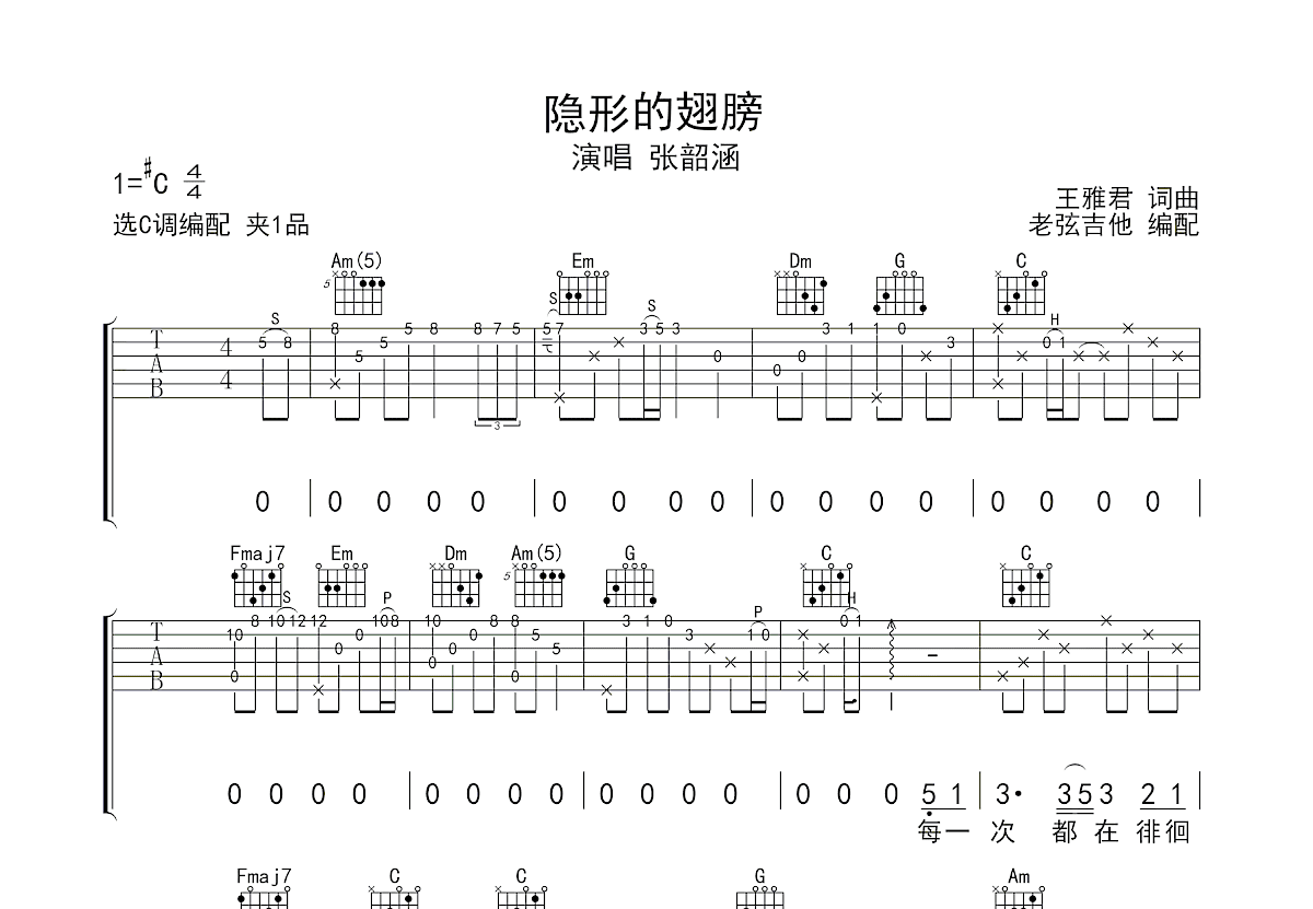 隐形的翅膀吉他谱预览图