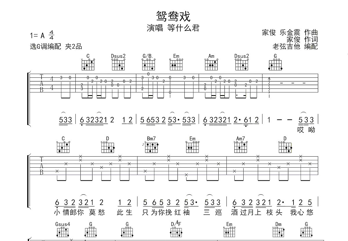 鸳鸯戏吉他谱预览图