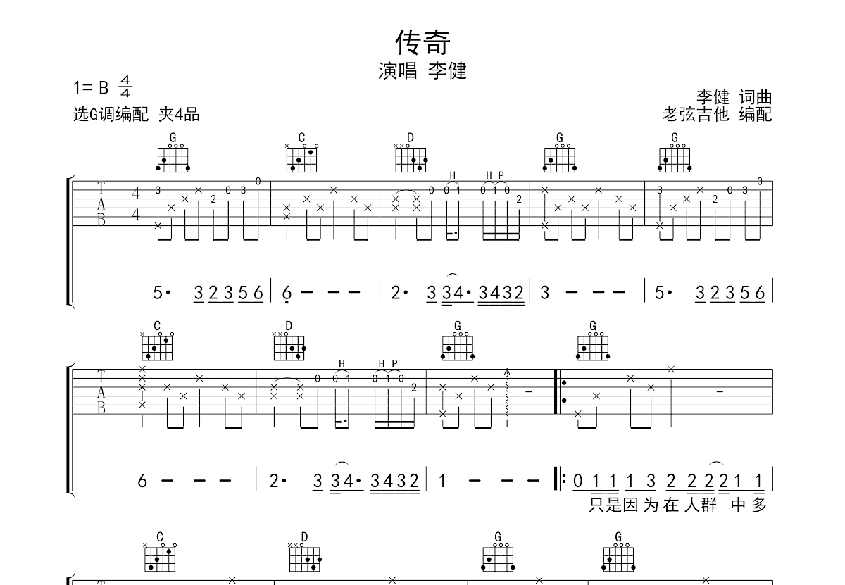 传奇吉他谱预览图