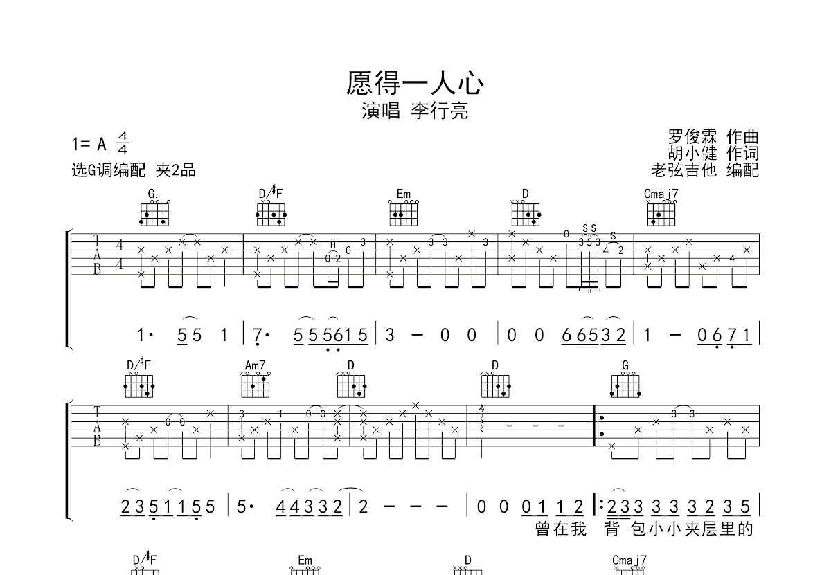 愿得一人心吉他谱_李行亮_G调弹唱