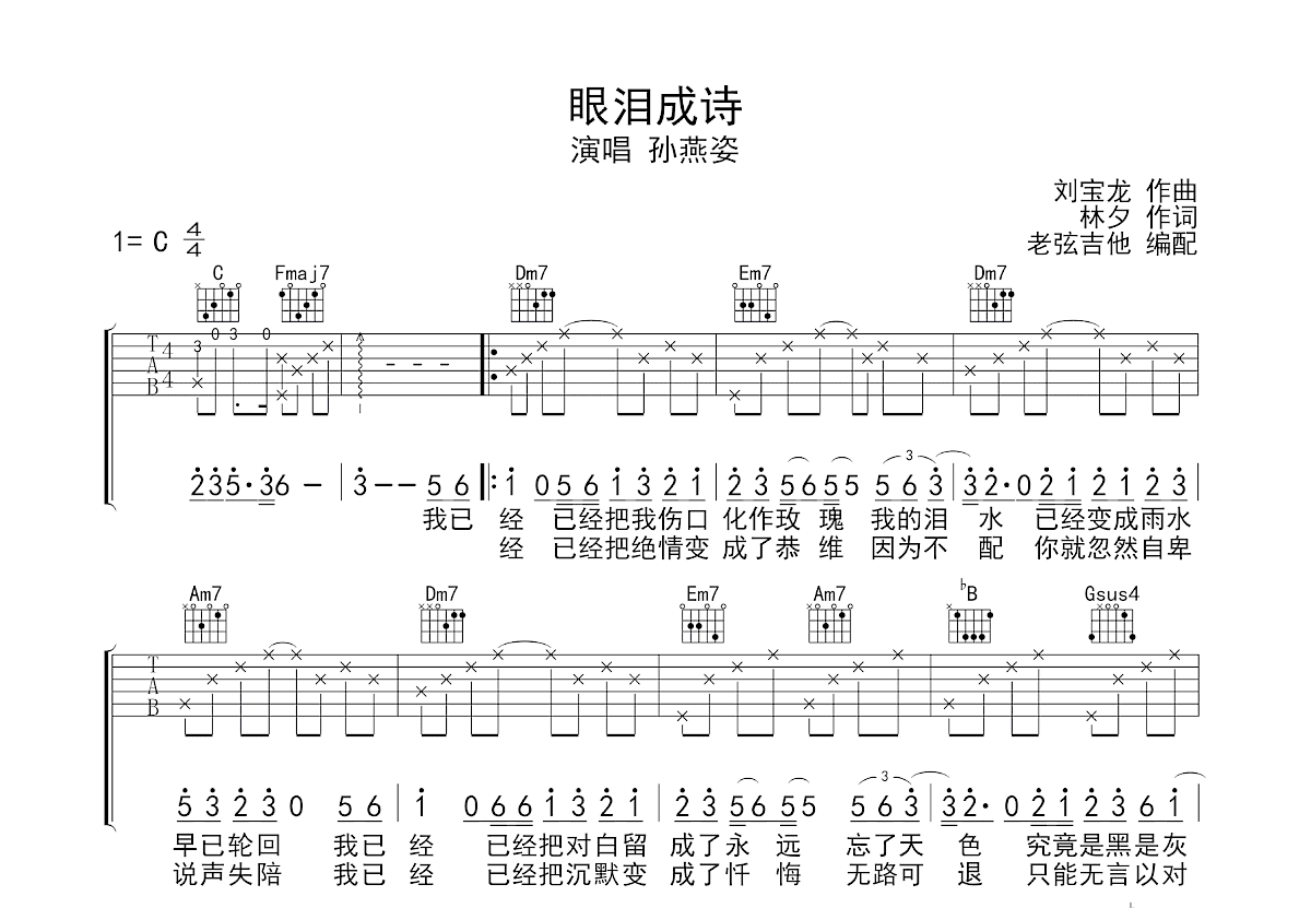 眼泪成诗吉他谱预览图