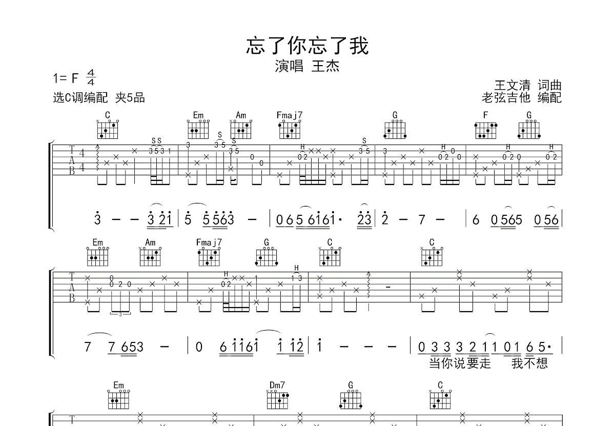 忘了你忘了我吉他谱_王杰_C调弹唱