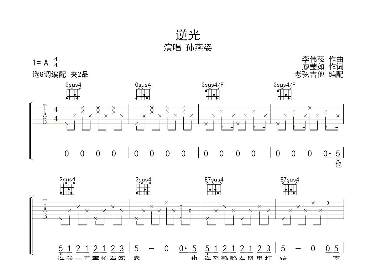 逆光吉他谱预览图