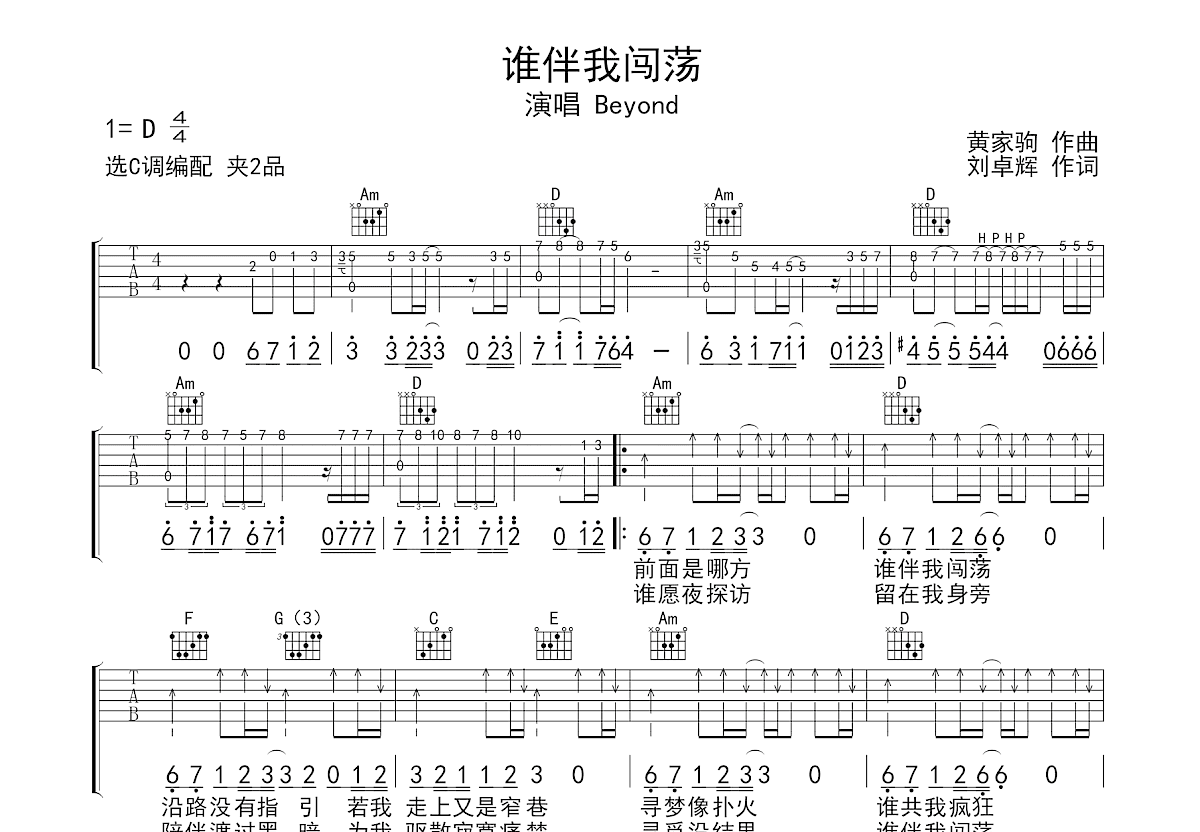 谁伴我闯荡吉他谱预览图