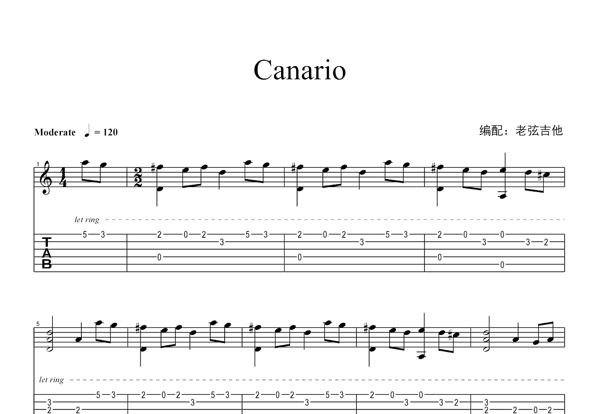 Canario吉他谱_Calvi Carlo_D调指弹