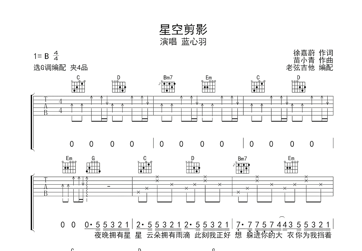 星空剪影吉他谱_蓝心羽_G调弹唱
