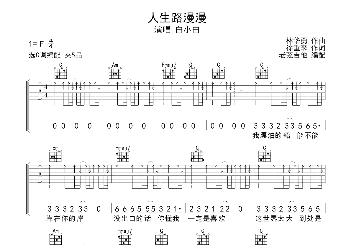 人生路漫漫吉他谱_白小白_C调弹唱