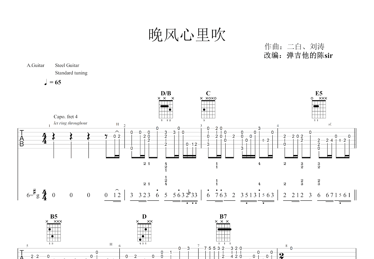 晚风心里吹吉他谱预览图