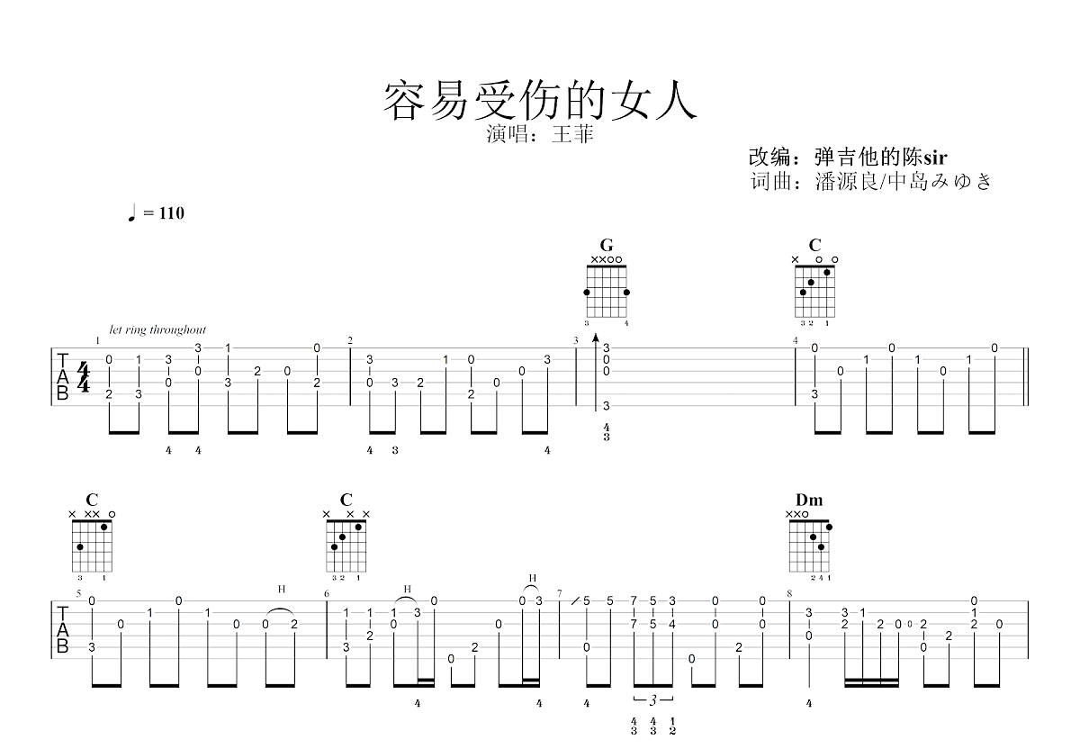 容易受伤的女人吉他谱预览图