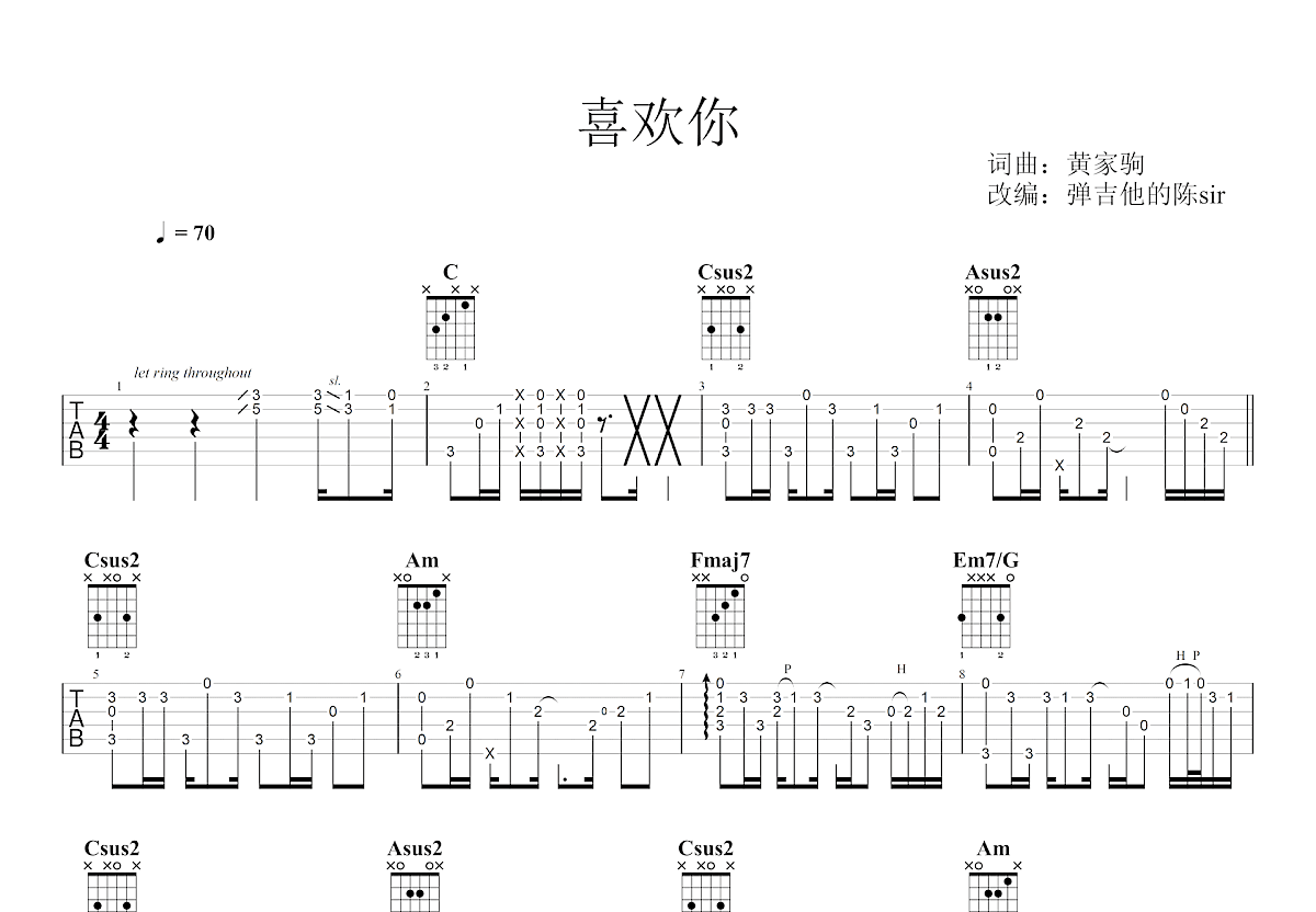 喜欢你吉他谱_Beyond乐队_C调指弹