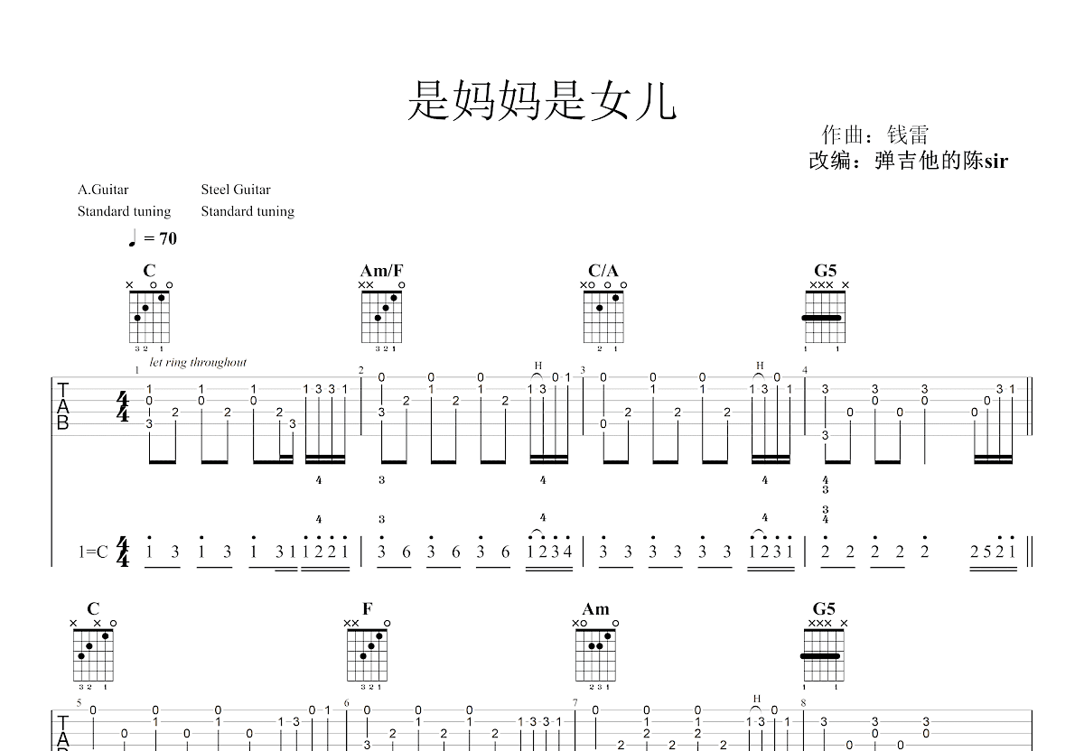 是妈妈是女儿吉他谱预览图