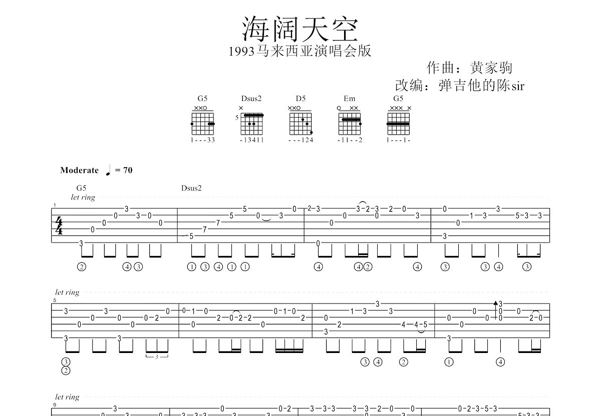 海阔天空吉他谱预览图