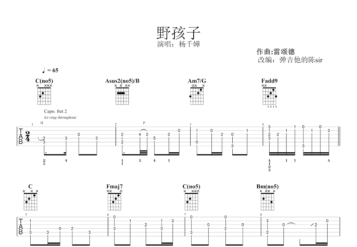 野孩子吉他谱预览图