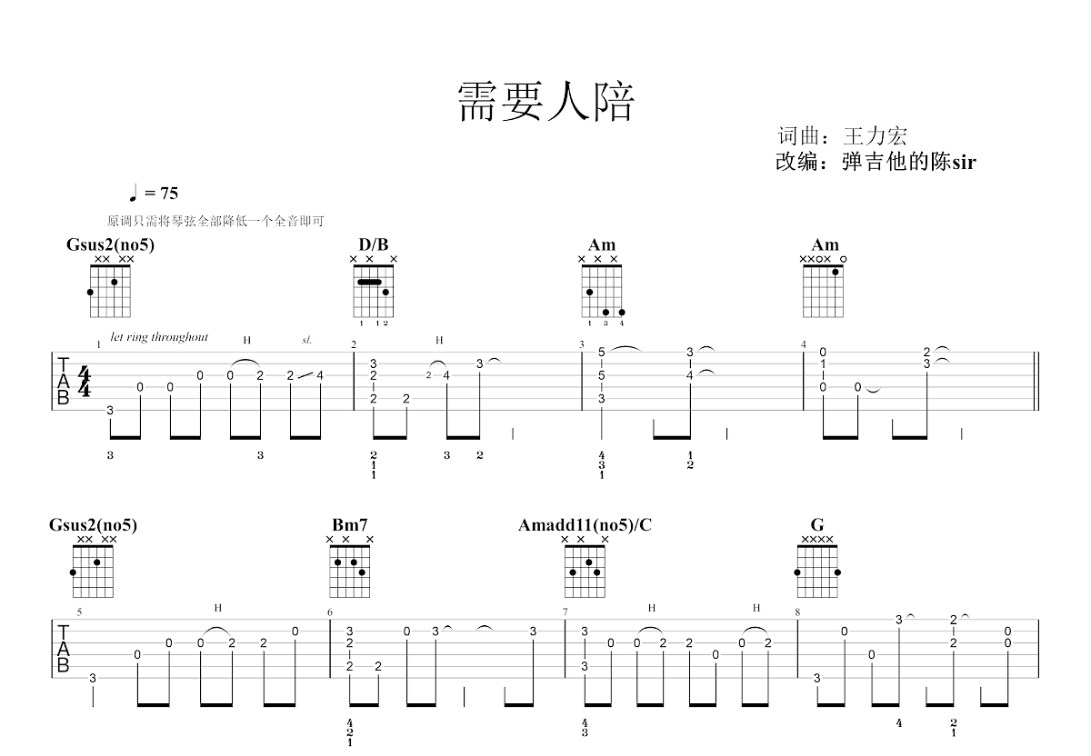 需要人陪吉他谱预览图