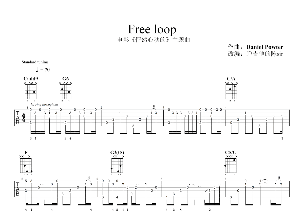 Free loop吉他谱_Daniel Powter_C调指弹