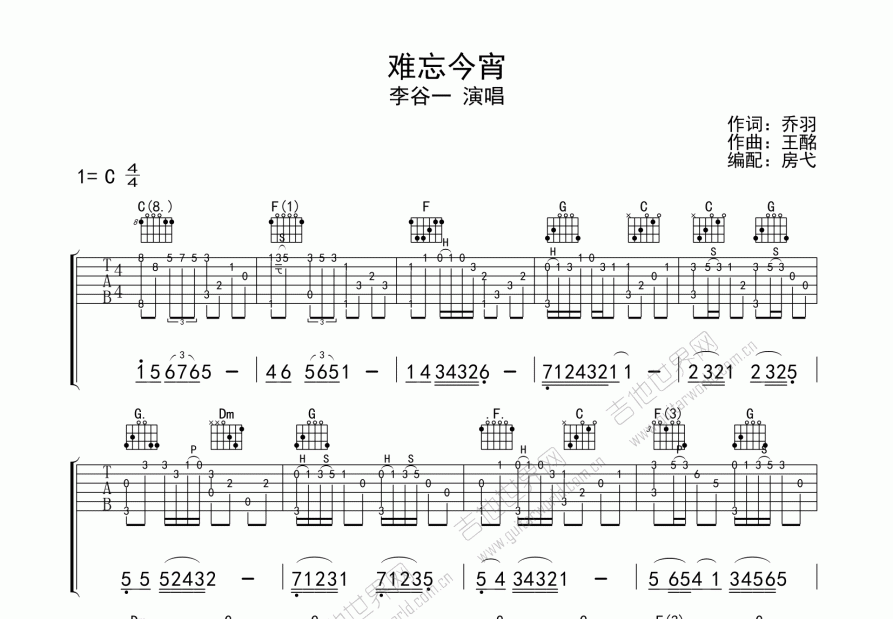 难忘今宵吉他谱预览图