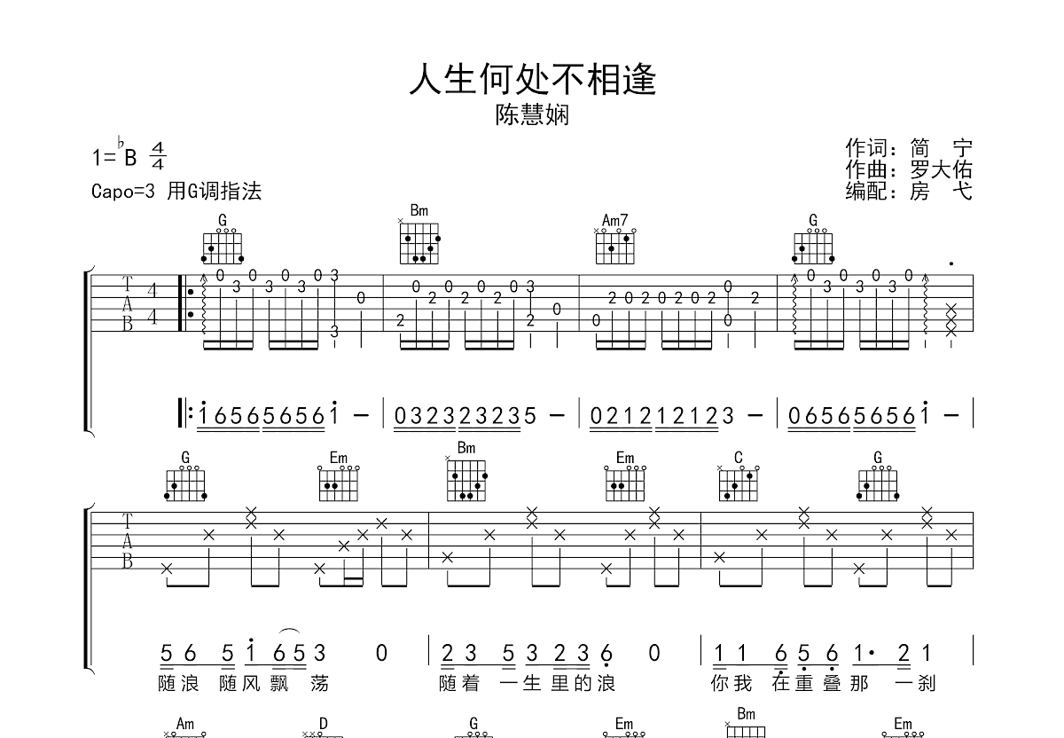 人生何处不相逢吉他谱预览图