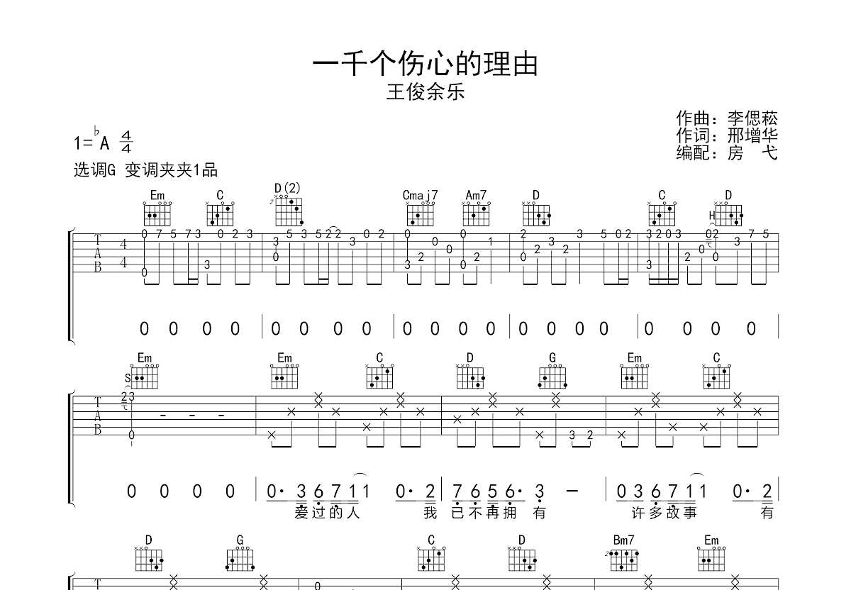 一千个伤心的理由吉他谱预览图