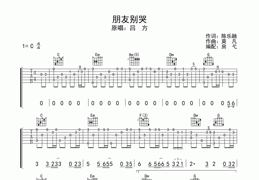 朋友别哭吉他谱预览图