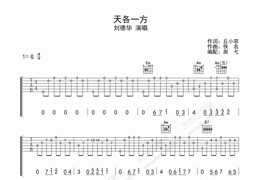 天各一方吉他谱预览图