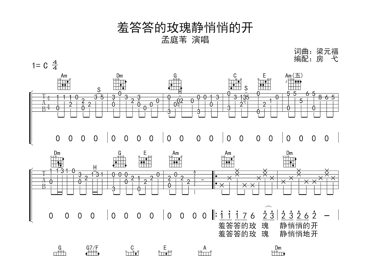 羞答答的玫瑰静悄悄的开吉他谱预览图