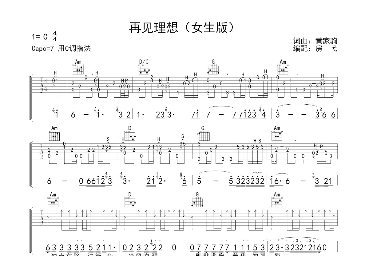 再见理想吉他谱预览图