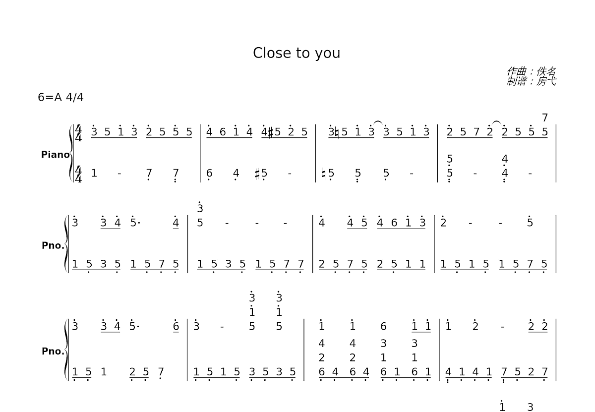 Close to you简谱预览图