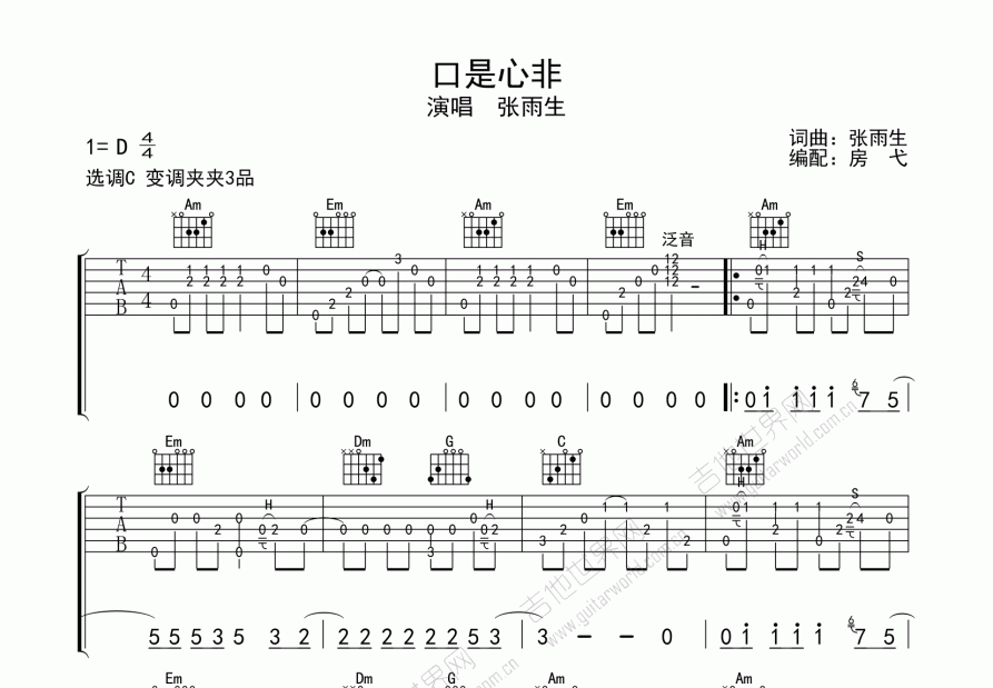 口是心非吉他谱预览图