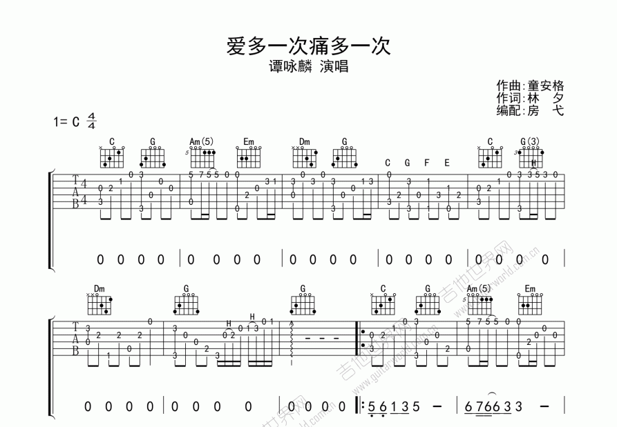 爱多一次痛多一次吉他谱预览图